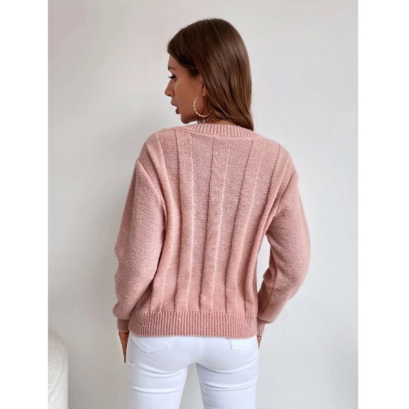 Pink Knit Braid Textured V-Neck Pullover Sweater - Picture 4 of 7
